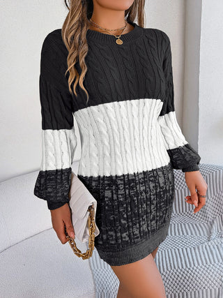 Cable-Knit Round Neck Color Block Sweater Dress - Ships 10/2