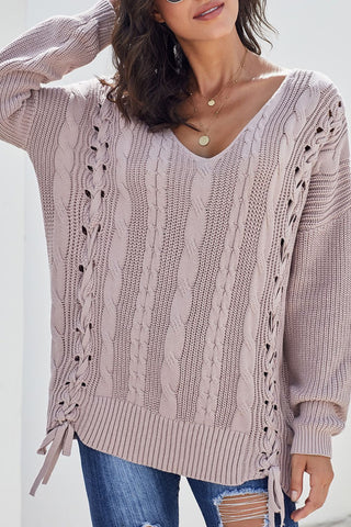 Cable Knit Lace Up V-Neck Sweater - Ships 12/24