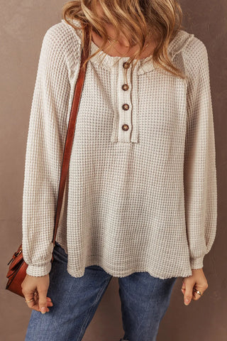 Waffle-Knit Half Button Round Neck Long Sleeve Top -Ships 9/15