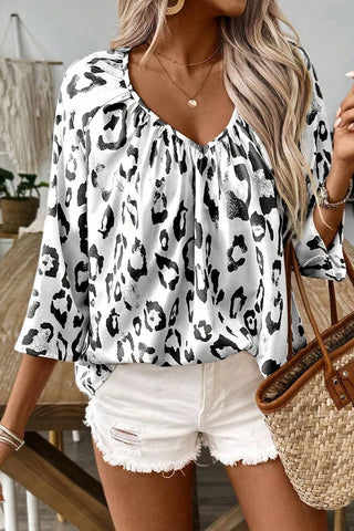 Leopard V-Neck Three-Quarter Sleeve Blouse -Ships 9/18