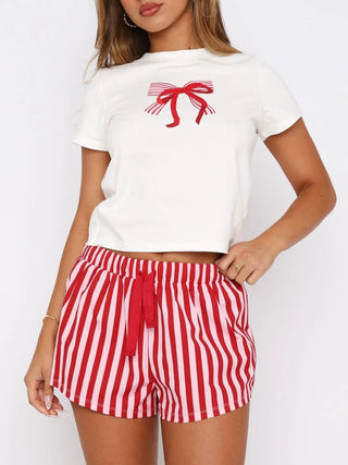 Printed Round Neck Short Sleeve Top and Drawstring Shorts Set -Ships 12/24