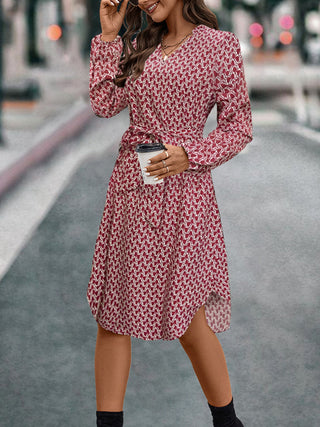 Tied Printed Notched Balloon Sleeve Dress -Ship 10/12