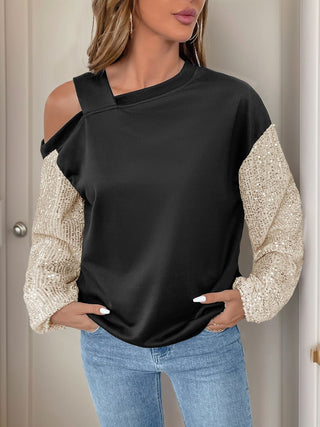 Perfee Sequin Asymmetrical Neck Long Sleeve Sweatshirt -Ships 12/17