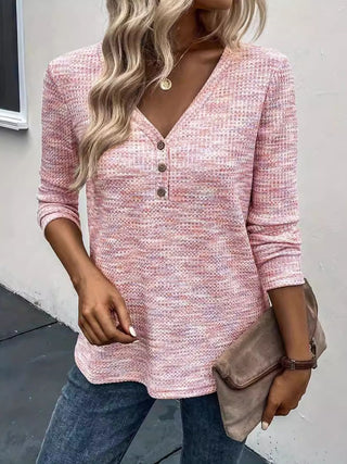 Button Detail V-Neck Long Sleeve Blouse - Ships 1/24