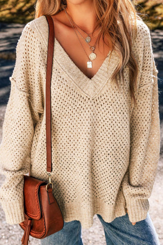 V-Neck Dropped Shoulder Long Sleeve Sweater -Ships 11/9