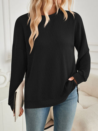 Sammie Slit Round Neck Long Sleeve Sweatshirt  -Ships 8/30