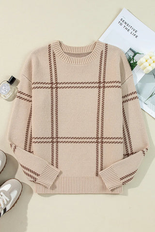 Plaid Round Neck Dropped Shoulder Sweater -Ships 10/10