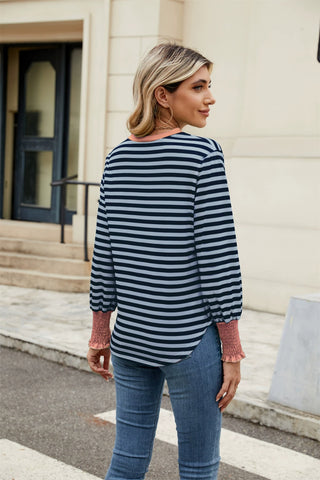 Contrast Striped Notched Long Sleeve Top-   Ships 1/25