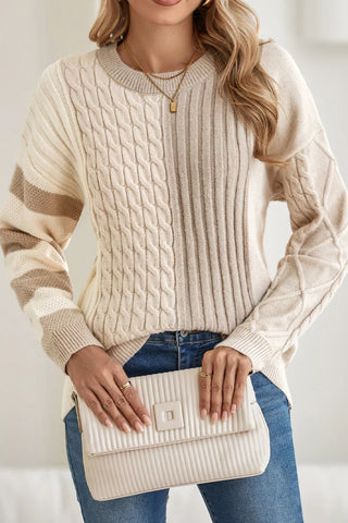 Cable-Knit Color Block Round Neck Sweater -Ships 11/9