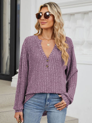 Mindy Ribbed Notched Long Sleeve T-Shirt -Ships 8/24