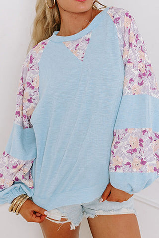 Printed Round Neck Balloon Sleeve Sweatshirt- Ships 1/23