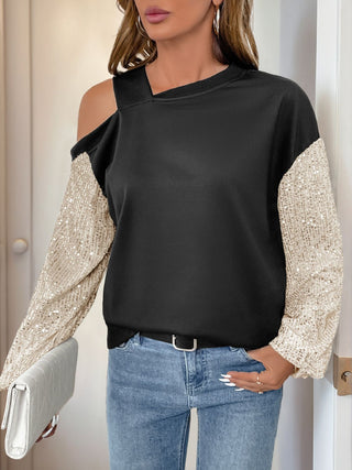 Perfee Sequin Asymmetrical Neck Long Sleeve Sweatshirt -Ships 12/17