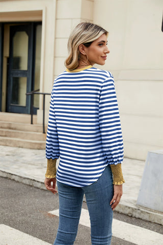 Contrast Striped Notched Long Sleeve Top-   Ships 1/25