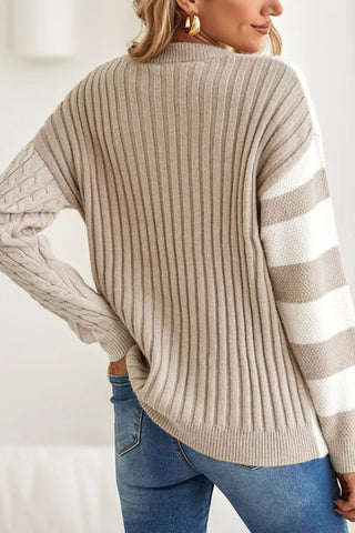 Cable-Knit Color Block Round Neck Sweater -Ships 11/9